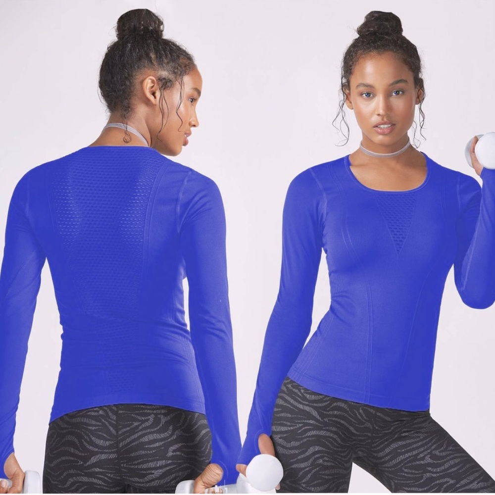 Fabletics Navy Blue Mesh Net Seamless Long Sleeve Active Workout Top | L